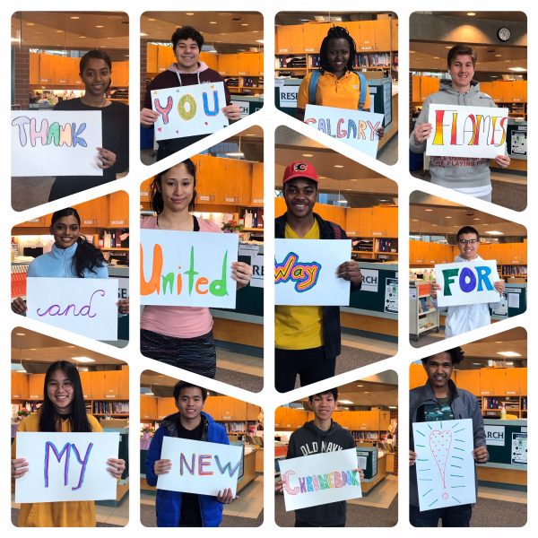 Collage of students with signs that read: Thank you Calgary Flames and Untied Way for my new Chromebook!